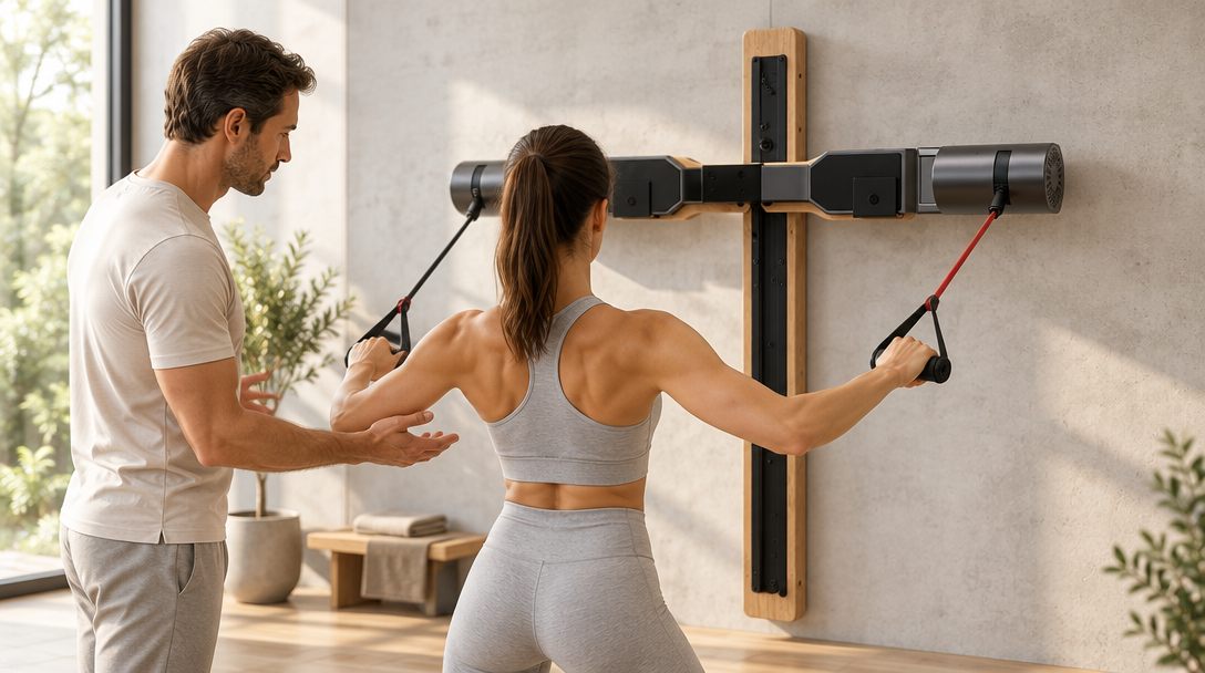 Máquina de fuerza para casa MKNPRO AM9 montada en la pared, con una pareja entrenando